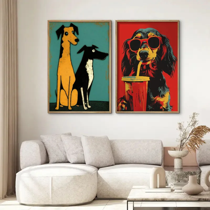 1pc frameless Canvas Painting 1pc Funny Lovely Dog Wall Art Print Retro Cute Dog Illustration Bathroom Living Room Bedroom Kitch