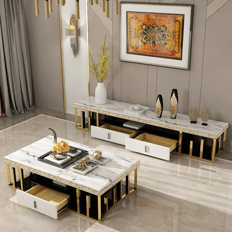 B Modern simple small apartment living room marble shell TV cabinet coffee table set
