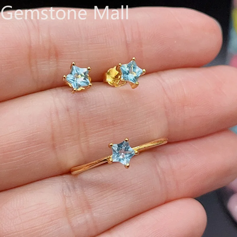 

Five Point Star Gemstone Earrings and Ring 5mm VVS Grade Natural Topaz Jewelry Set 925 Silver Gemstone Jewelry with Gold Plating