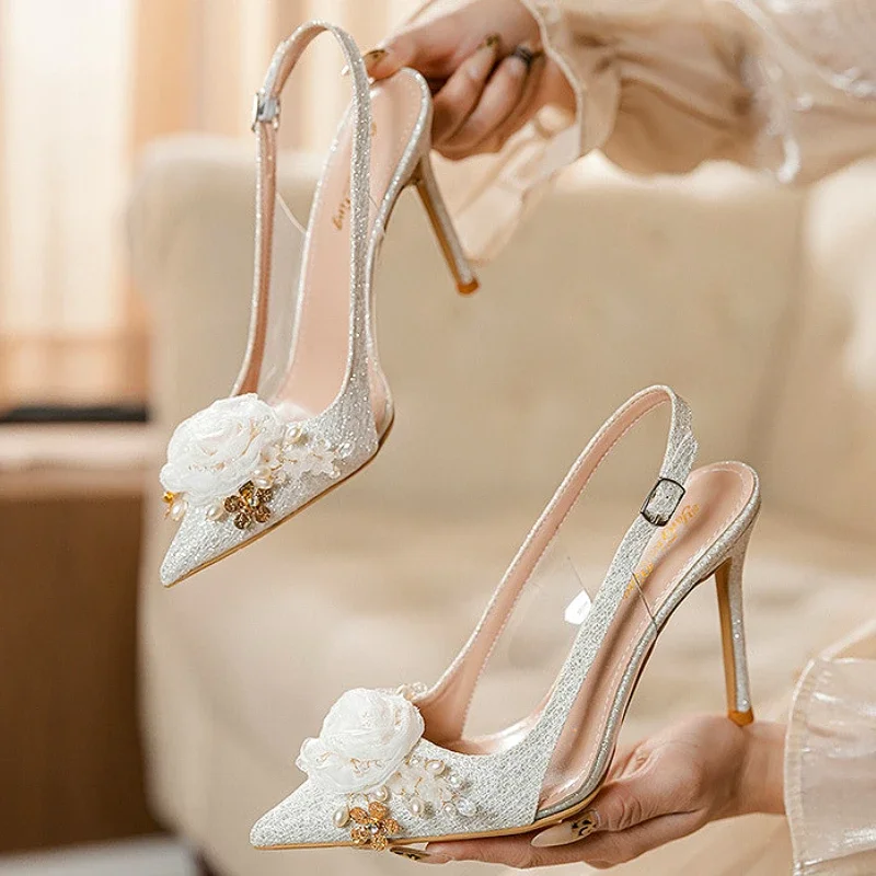 Flower Design High Heels Women Luxury Brand Wedding Shoes Shallow Fashion Slingback Dress Shoes 2025 Pointed Toe Sandals Female