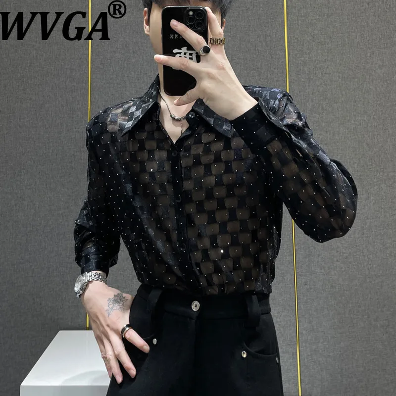 

WVGA Men's Summer High-end Hollow Out Plaid Hot Diamond Long Sleeve Shirt Niche Chic Casual Breathable Shoulder Pads Tops W21863