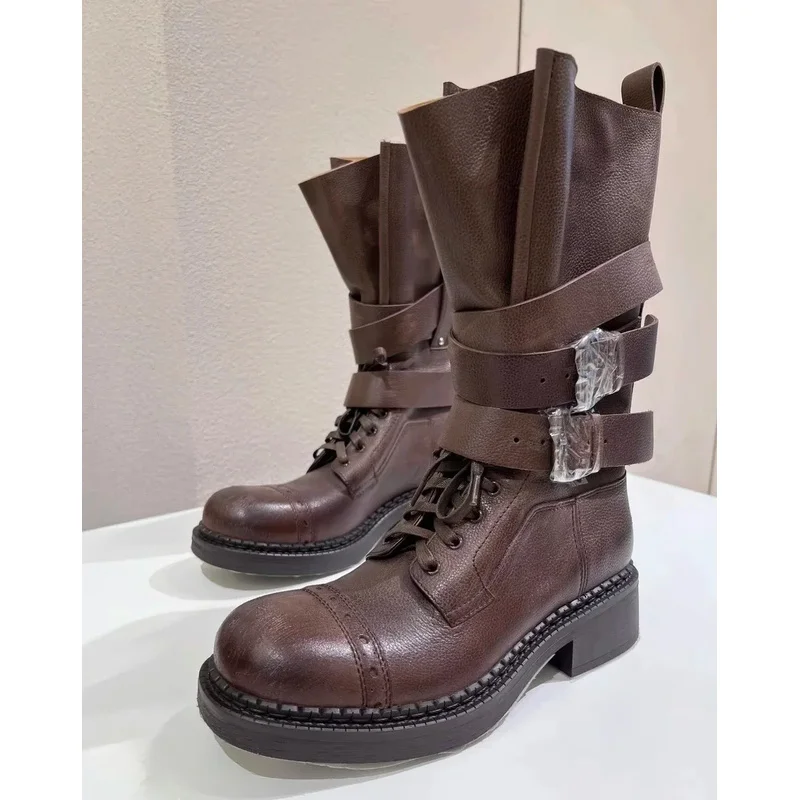 Botas de tacón grueso de cuero sintético para mujer, estilo vintage, caña alta, estilo motociclista/cowboy, con múltiples correas decorativas, tallas grandes 35-43, modelo F388.