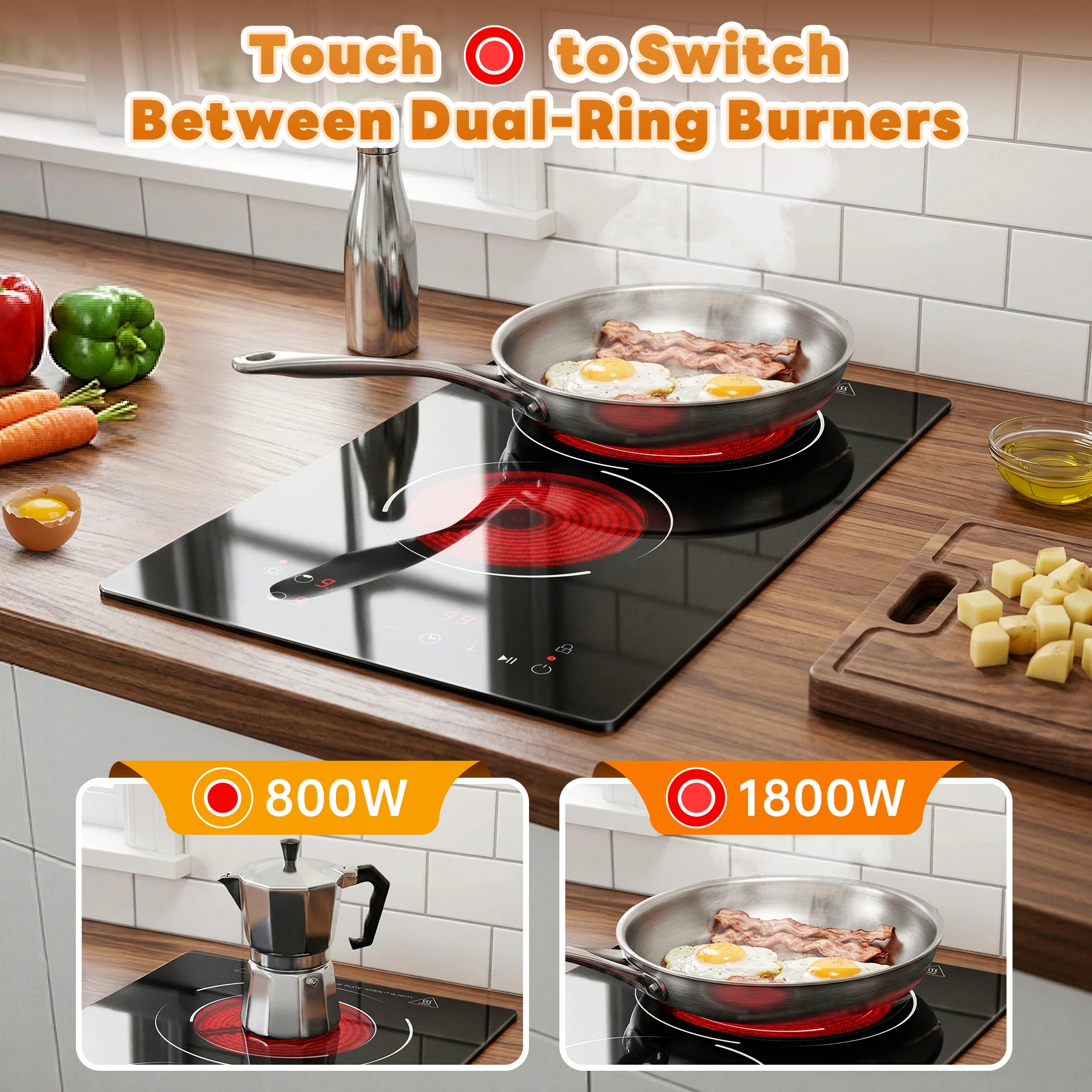 12" 2 Burner Electric Cooktop 1800W, 110V Plug-in, Dual-Ring, Touch Control, Child Lock view 8