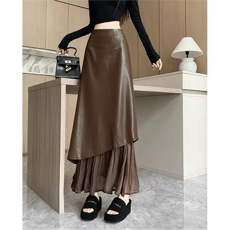 Women's Spring Autumn Vintage PU Leather Patchwork Mermaid Skirts Lady Graceful Korean Black Ruffle Midi Skirt Fashion Clothing