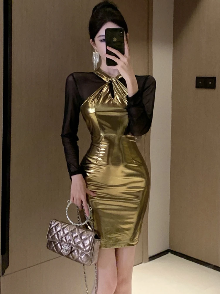 2025 moda Patchwork Sheer Mesh vestido de manga larga mujeres coreano Vintage ceñido al cuerpo Vestido corto primavera elegante vestido de fiesta de Festival