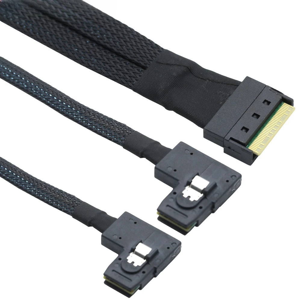 Anti-skew plug PCIE Slimline SAS SFF-8654 8i to 2 SAS SFF-8087 right bend harness