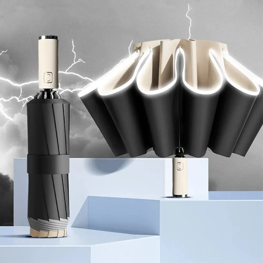 

New Reflective Stripe Automatic Umbrella UPF50+ Wind Resistance Folding Umbrella 10 Bone Vinyl Three Fold Umbrella for Outdoor