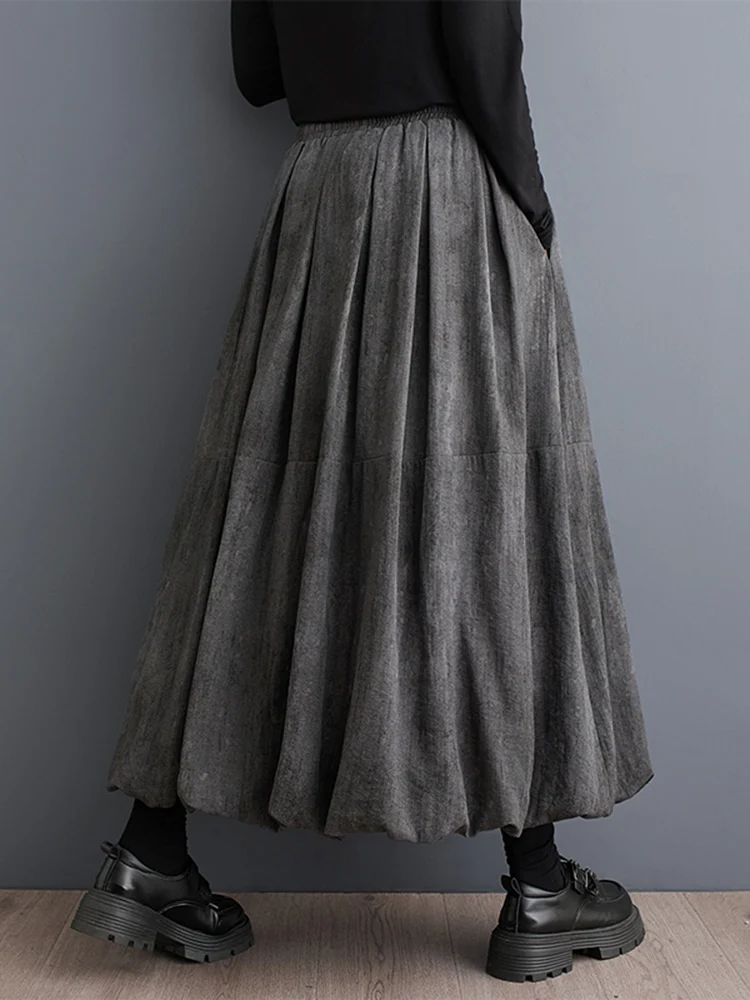 2026 Spring Autumn New Vintage High Waist Pleated Skirt Women Plus Size Fashion Drawstring Loose Casual Midi Skirts Clothing
