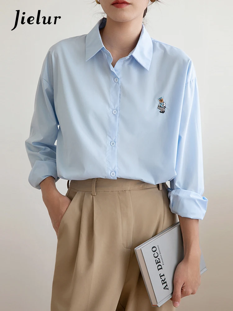 Jielur Casual Teddy Bear Embroidered Blouses Women Spring Loose Simple Long Sleeve Shirts Female Buttons Blue Office Lady Shirt