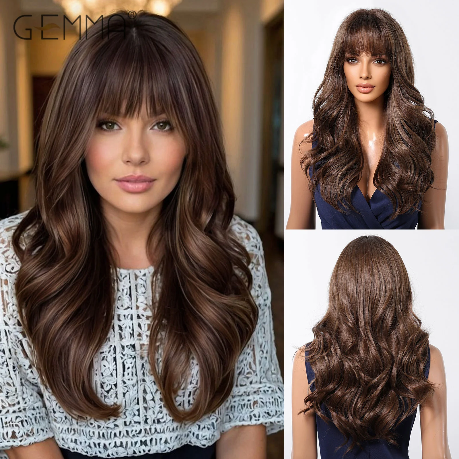 

GEMMA Long Natural Wavy Synthetic Wig Golden Brown Wigs with Bangs for Women Cosplay Cosplay Daily Hair Heat Resistant Fibre