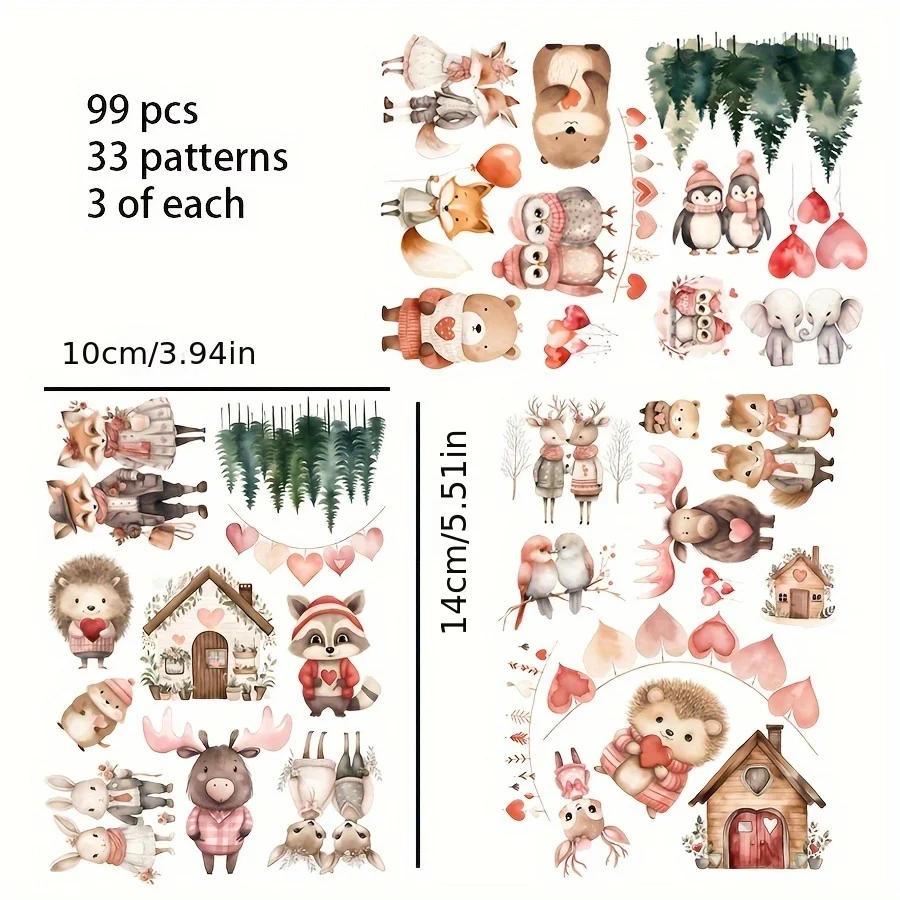 90–99 Stück Aufkleber mit Valentinstag-Woodland-Häschen, Katze, Hund, Tier-Gruseliebhaber-Muster, für Urlaubsflagge, DIY, Junk-Tagebuch, Album – Detail 4