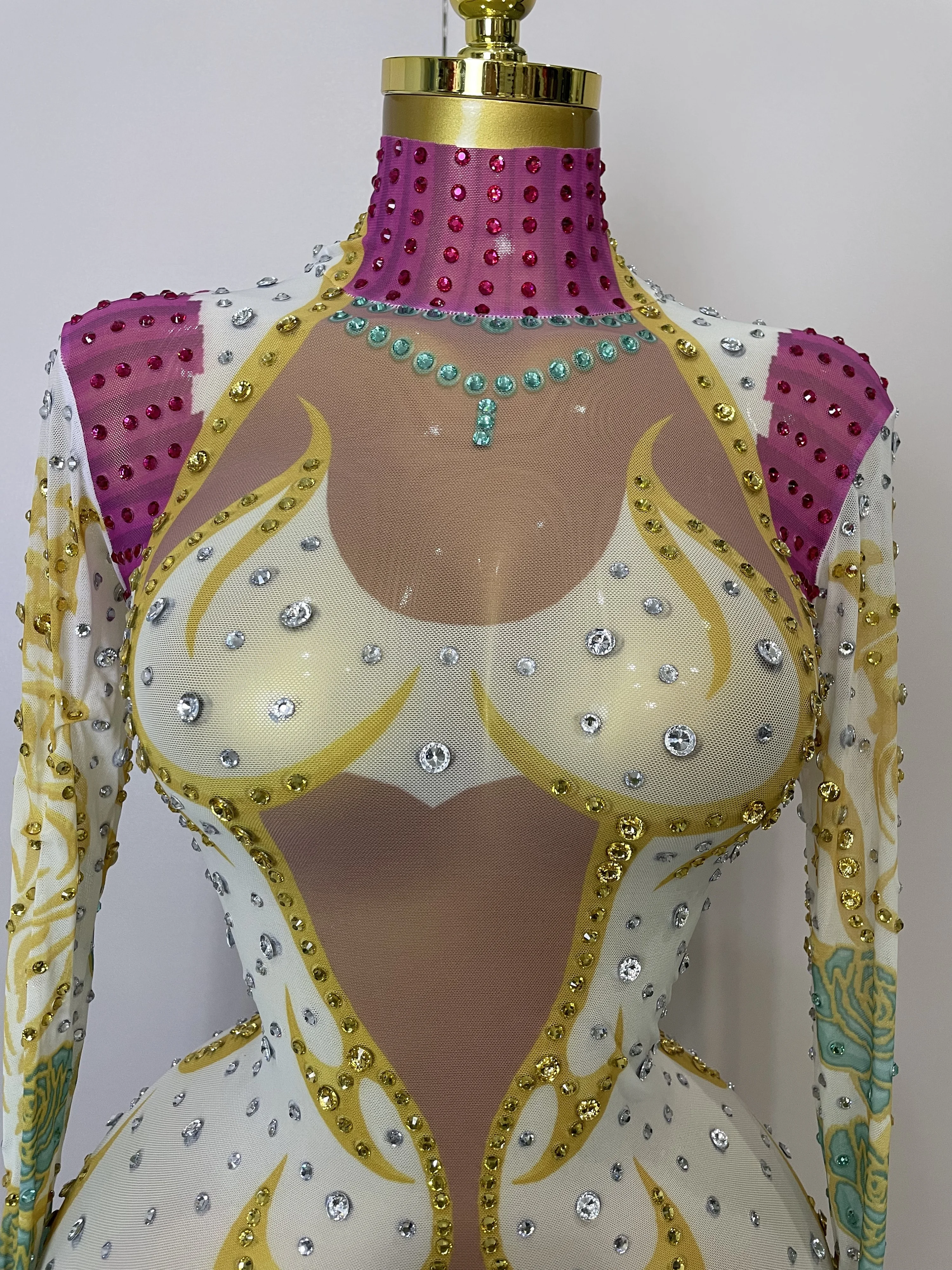 

STOCK 2025 New Sparkly Rhinestones Color Printing Stretch Jumpsuit Sexy Fashion High Street Nightclub Stage Performance Costume