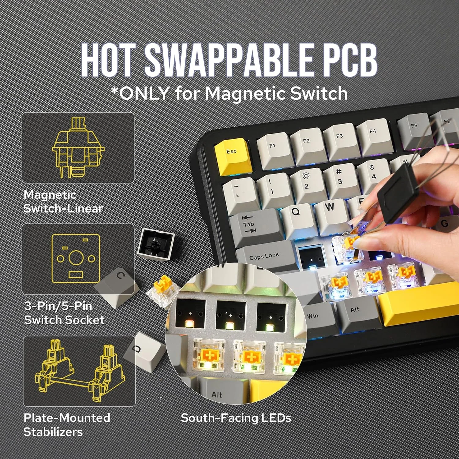 لوحة مفاتيح الألعاب المغناطيسية AJAZZ AK820 MAX HE Hall Effect، تشغيل قابل للتعديل، معدل حمل 8 كيلو هرتز، حشية، لوحة مفاتيح سلكية