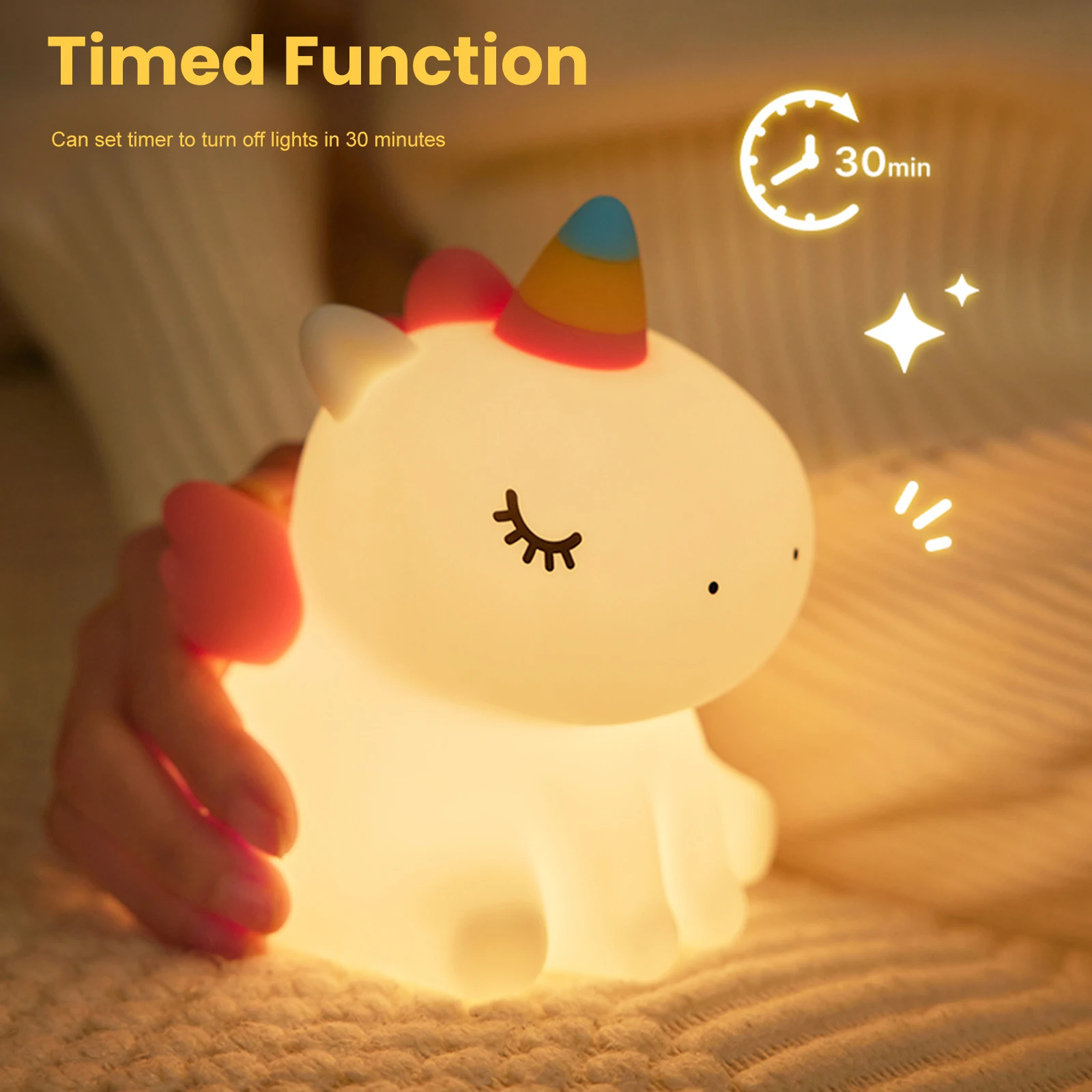 Bonita luz nocturna de unicornio para niños, luz nocturna de silicona para guardería, lámpara LED regulable de unicornio blando, lámpara de noche recargable