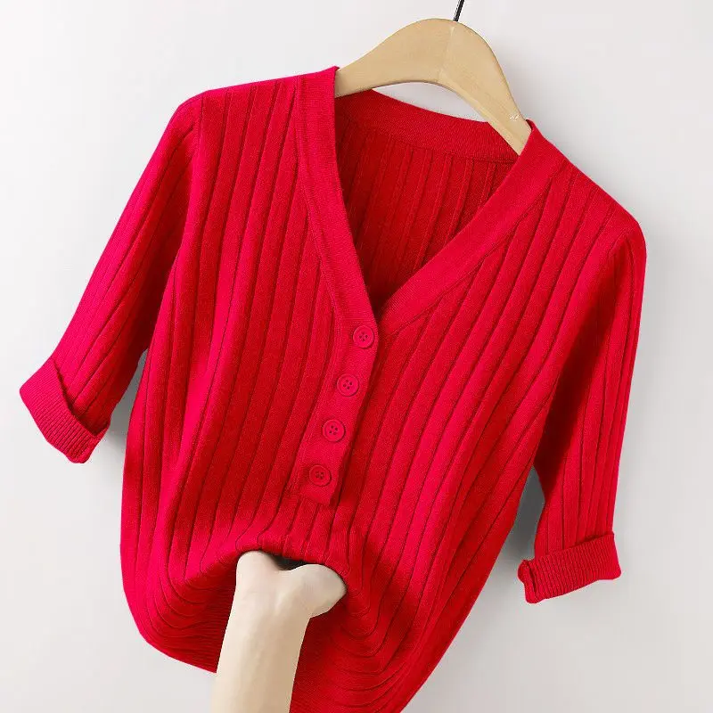 Women Sweater V-neck Short-Sleeved Worsted Europe Style Spring New Design Grace Simplicity Light Pullover Mujer Korean Fashion