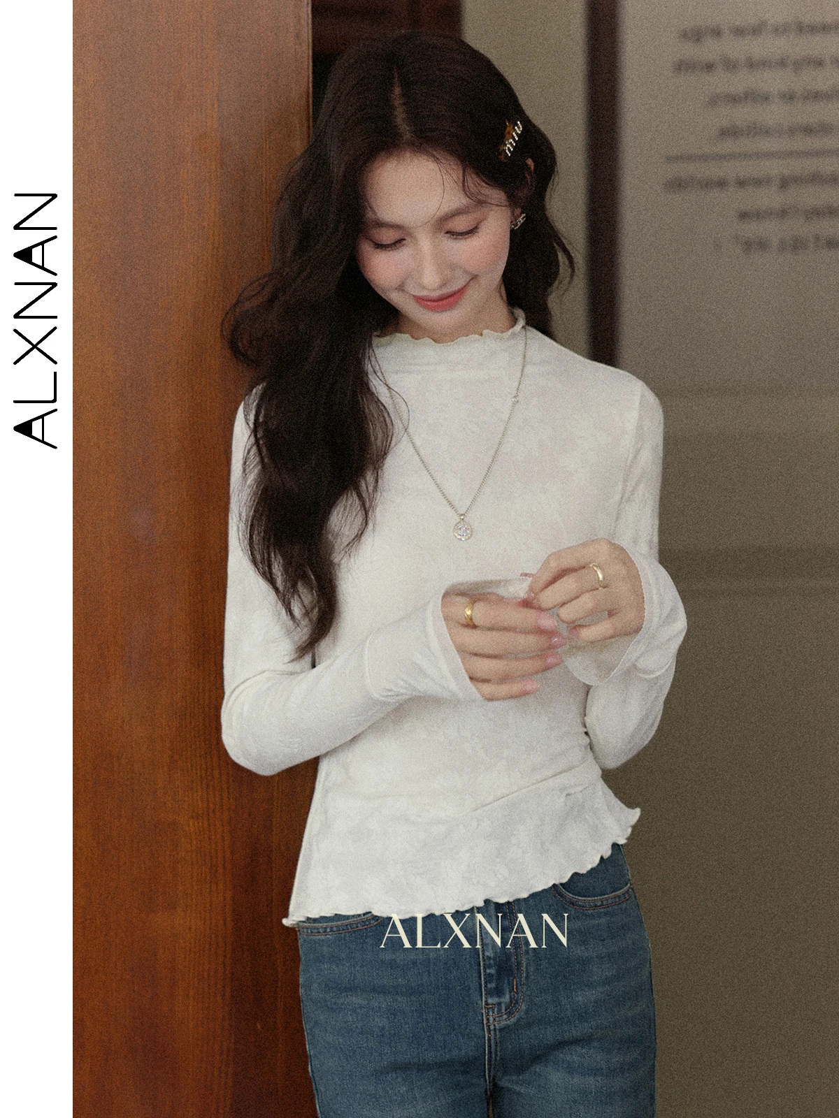 

ALXNAN женская футболка, тренд 2025, осенние офисные женские футболки с длинными рукавами, элегантные женские топы с роговыми рукавами, базовый пуловер L56923