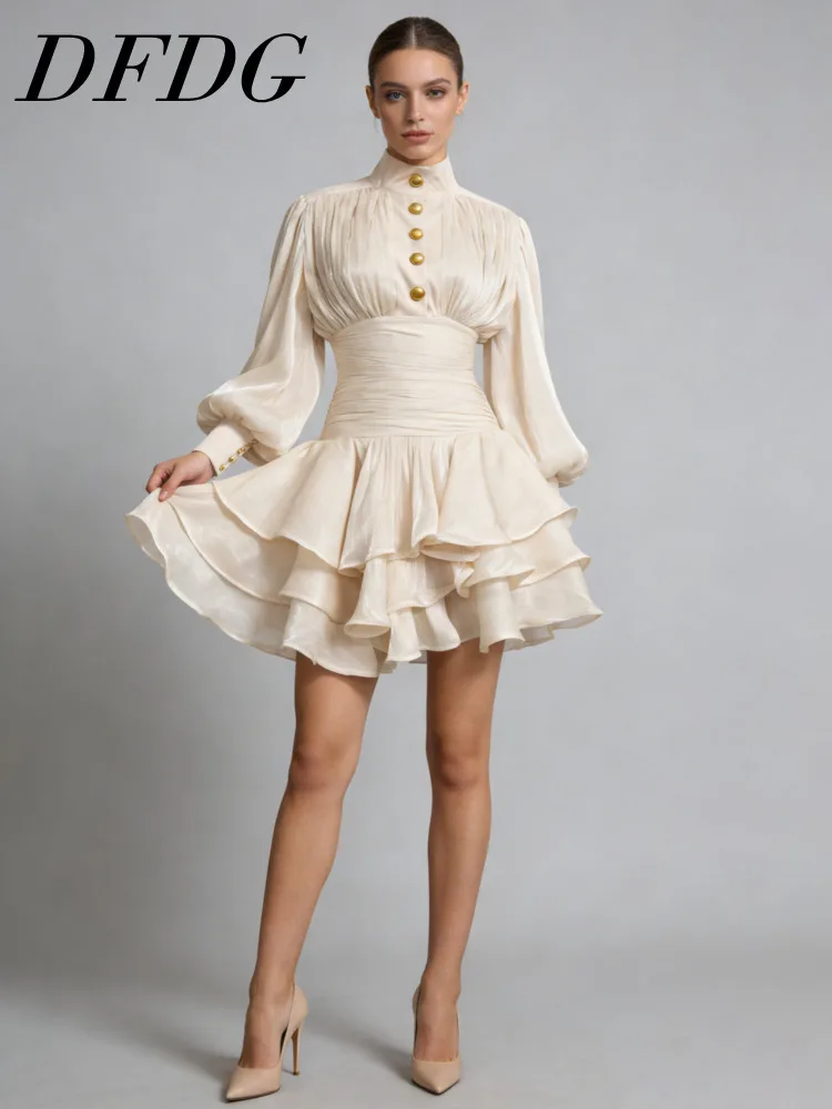 

Женское мини-платье DFDG с воротником-стойкой, пуговицами спереди, рюшами и расклешенными рукавами для выпускного вечера и вечеринок, модное женственное платье 2026 года