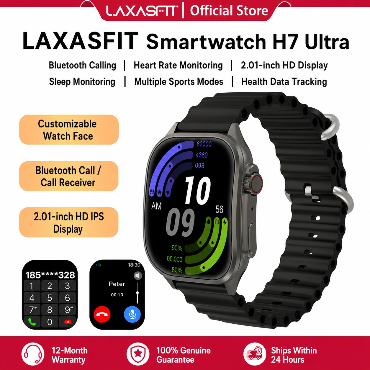 LAXASFIT Curved Display Smart Watch 2.01" HD Bridge Touch Screen Bluetooth Call Heart Rate Monitor Wireless Charging Sport