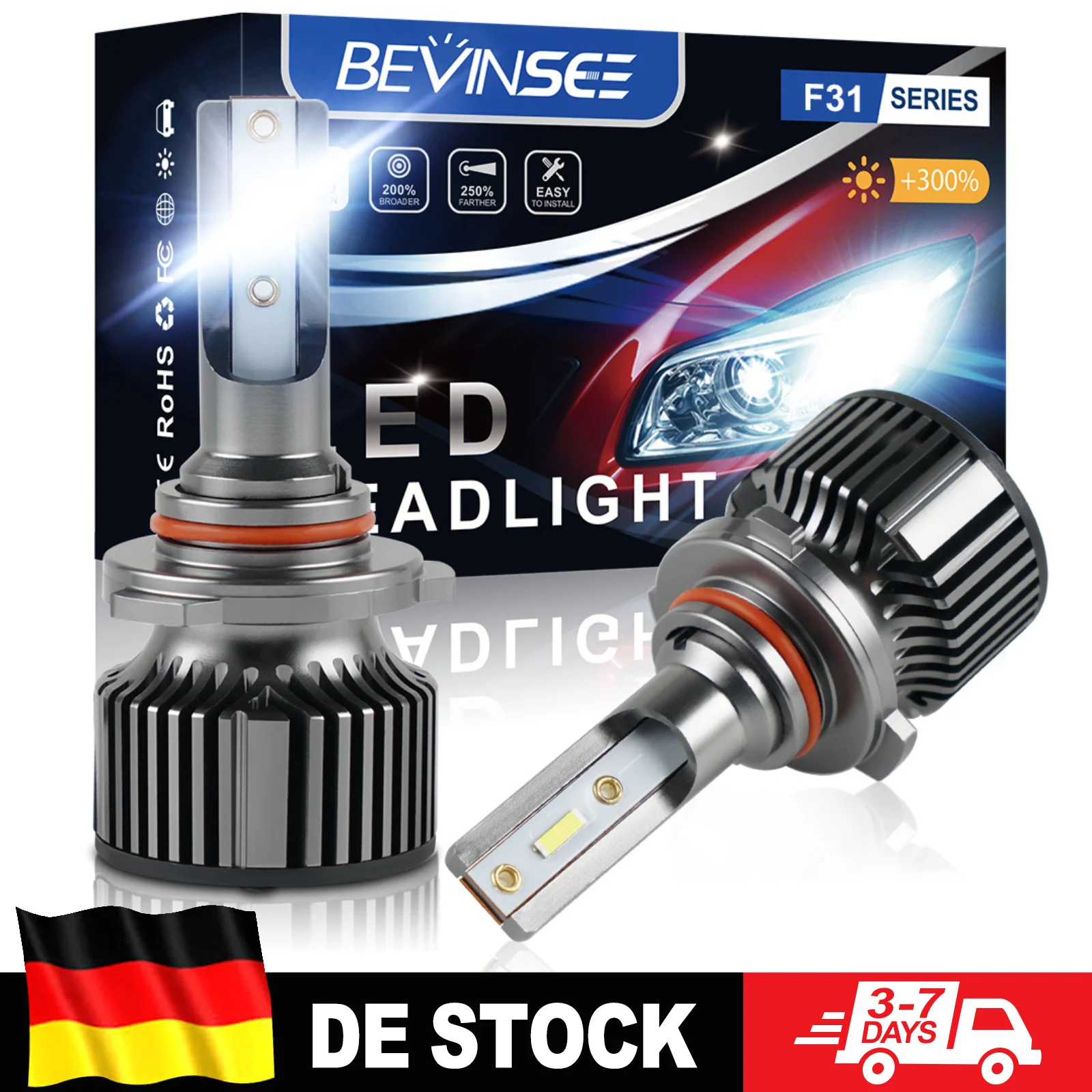 BEVINSEE 2 Stück 9005 HB3 Auto-LED-Scheinwerferlampen 6000K Weiß 9005 HB3 Auto-LED-Nebelscheinwerfer 50W 6000LM Hochleuchtend Plug-and-Play 12V