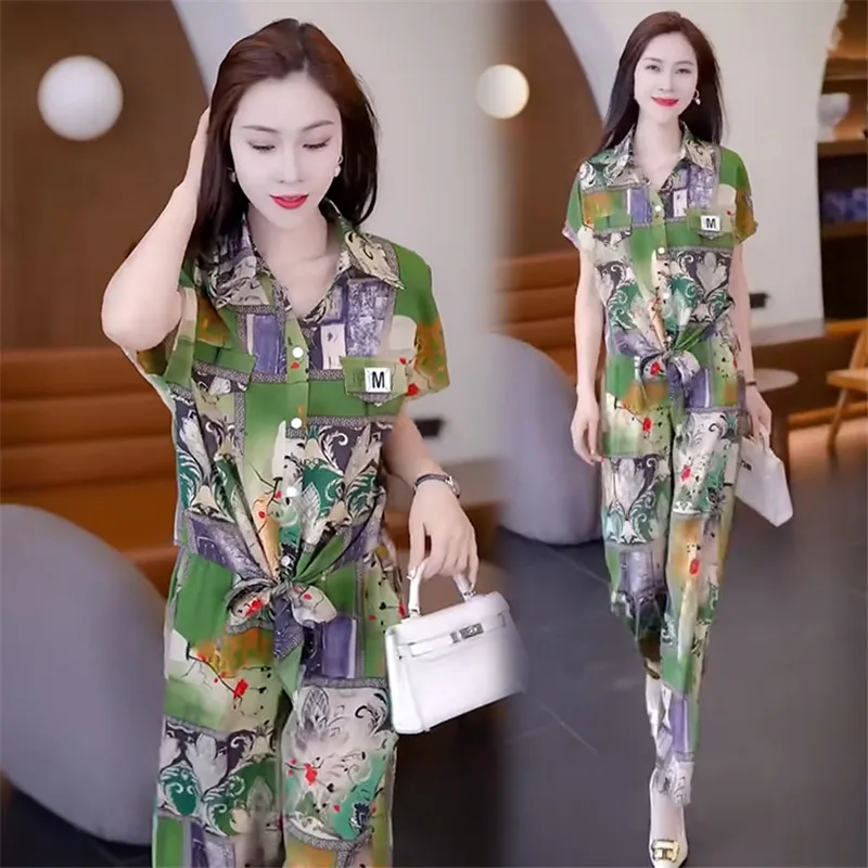 女性用シルクシフォンパンツセット,襟を折りたたんだファッショナブルな服,シングルブレスト,オーバーサイズ,新しい夏のコレクション2024