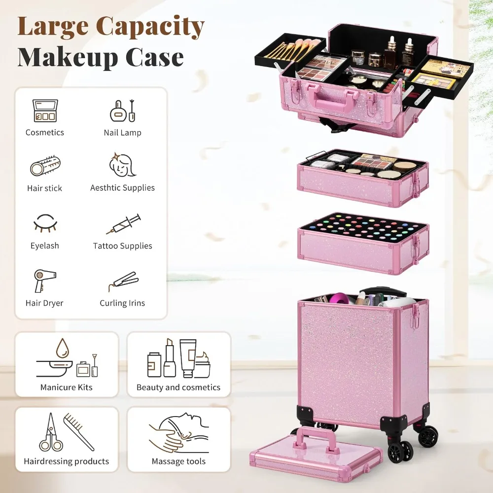 5-in-1 Rolling Makeup Train Case, Large Capacity Cosmetic Trolley with Lockable Wheels, Pink view 4