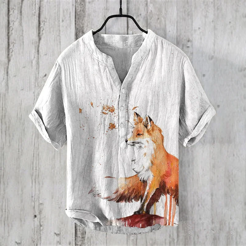 Summer new linen short sleeved shirt fashionable European and American popular hot selling elegant fox print pattern street wear