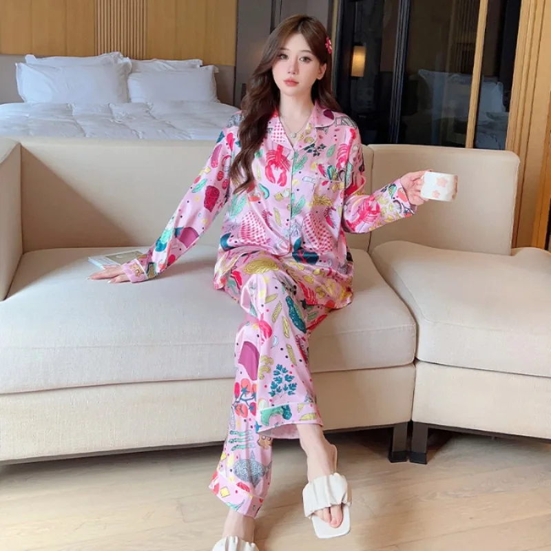 Autumn Winter New Ice Silk Women\'s Pajamas Lapel Button Cardigan Women Sets Luxury Two Pieces Fashion Printing Sets for Women