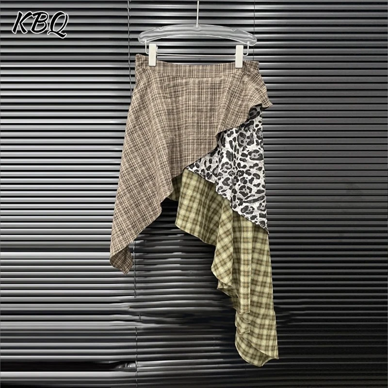 KBQ Hit Color Irregular Hem Skirts for Women High Waist Temperament Small Niche Design American Fashion Plaid Short Skirt Female