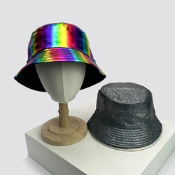 New Unisex PU Leather Colorful Reflective Bucket Hats Double Sided Sunshade Breathable Fisherman Caps Versatile Fashion Personal