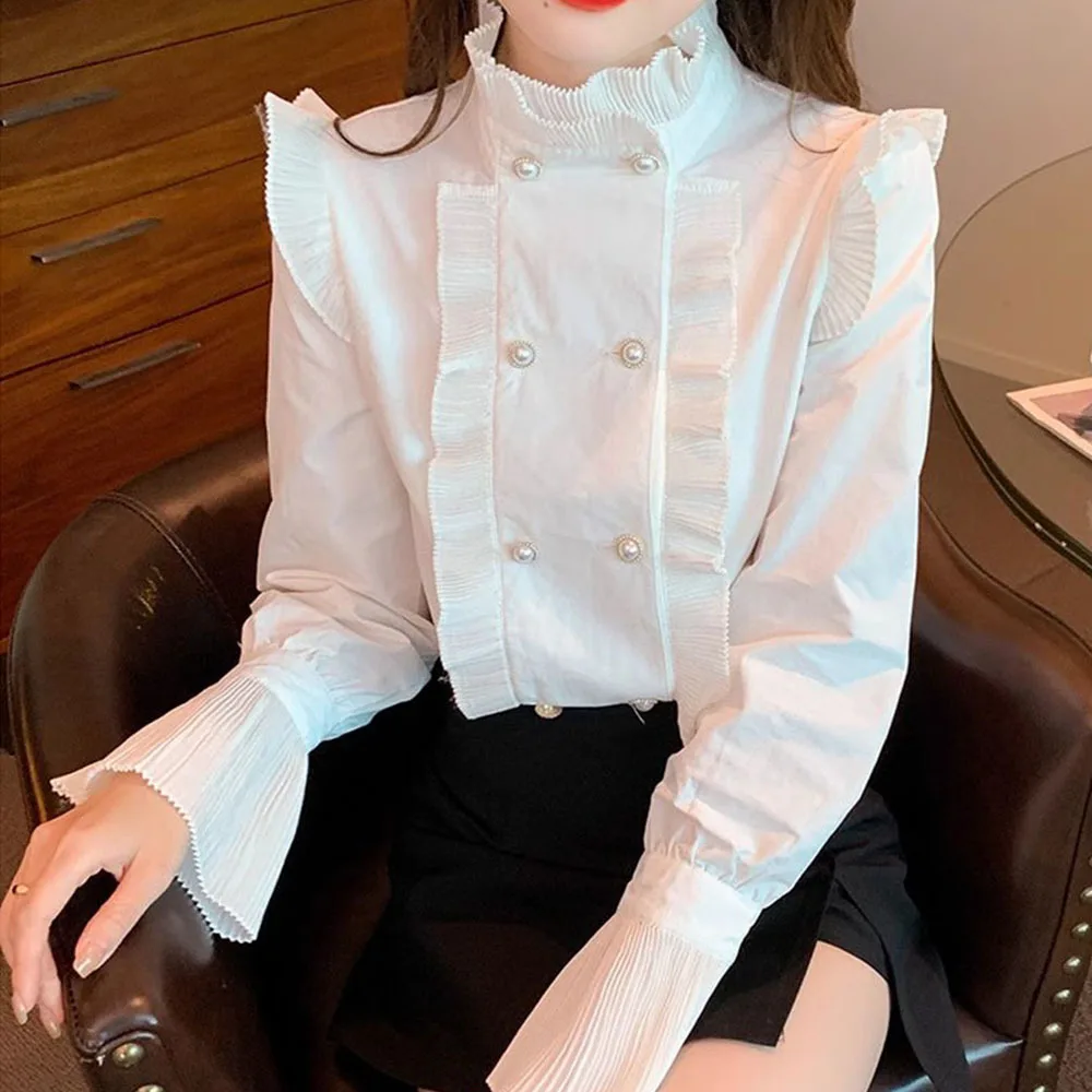 Elegant White Women\'s Ruffles Stand Collar Shirt Blusas Mujer Spring Summer Pleated Top Korean Trumpet Sleeve Runway Blouse Lady