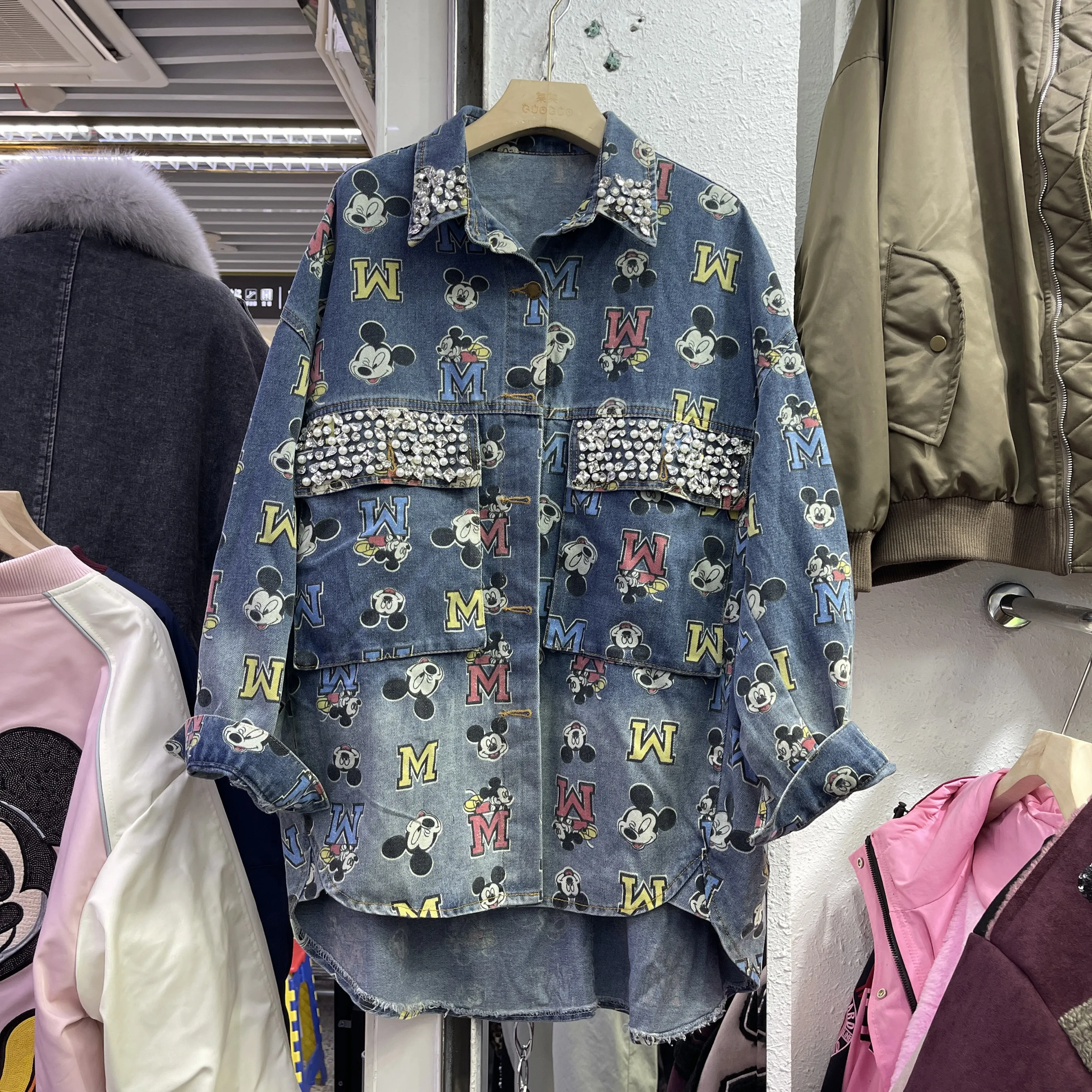 Cartoon Full Print Color Denim Shirt Korean Version Loose Double Pocket Rhinestone Long Sleeve Shirt Jacket Women Autumn 2024