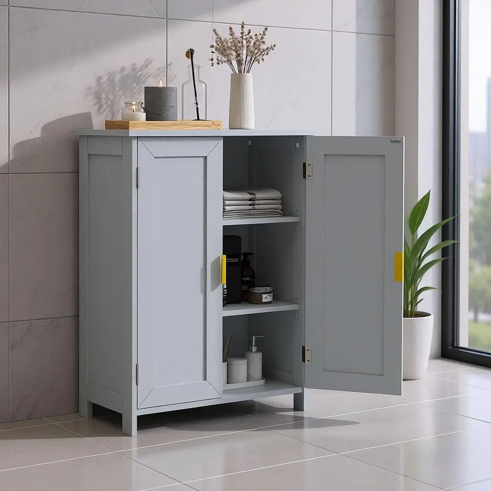 

Space-Saving Grey Bathroom Storage Cabinet with 2 Doors for Towels and Essentials