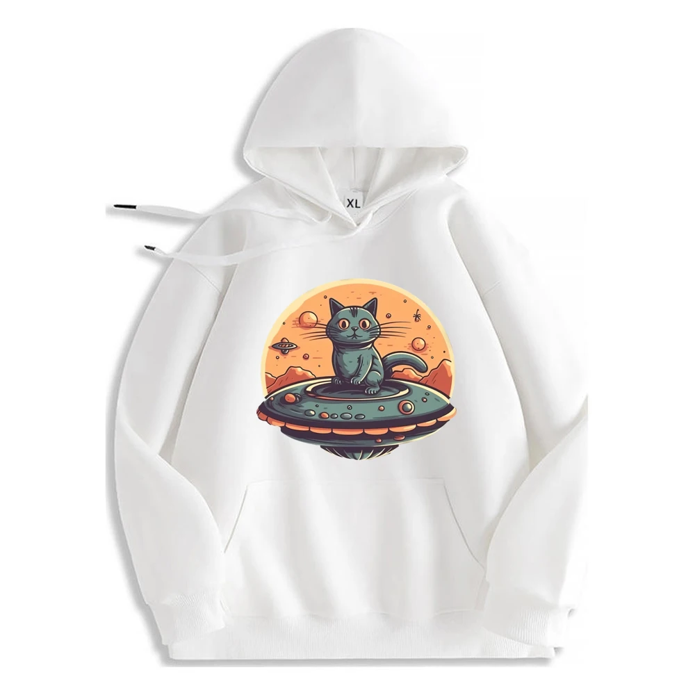 Gato Ufo Gráfico Hoodie Casual Fibra de Poliéster Tops Soltos Moletom de Manga Longa Para Homens Design de Luxo ​ ​