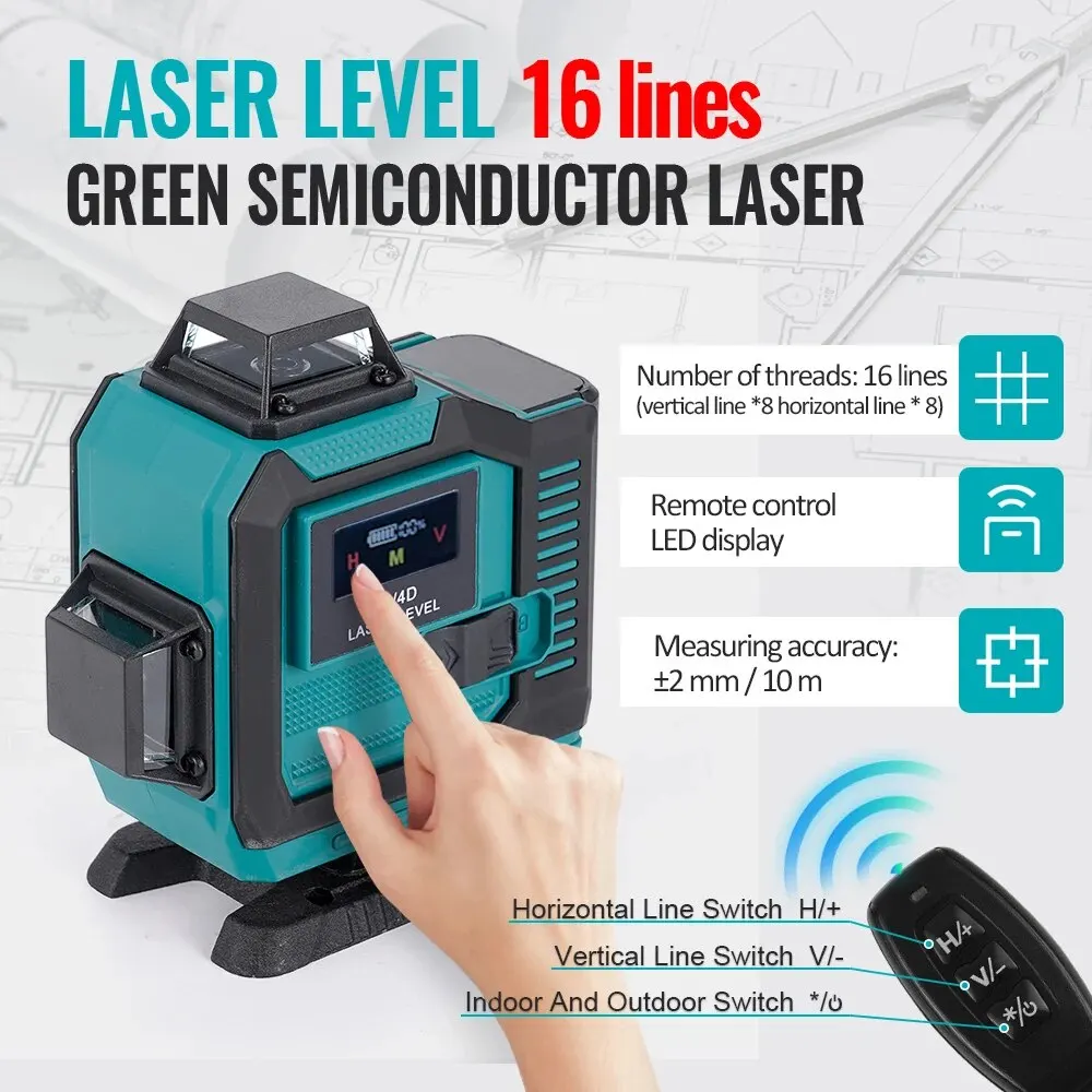 Hormy Touch Switch Livello laser 4D 16 linee Fascio verde verticale orizzontale con telecomando 360 ° Livelli laser autolivellanti