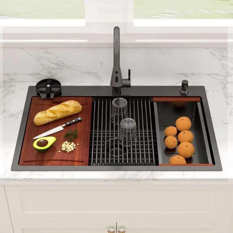 for 33 * 22 inch work table/recessed black 304 stainless steel No. 16 bowl integrated countertop kitchen sink