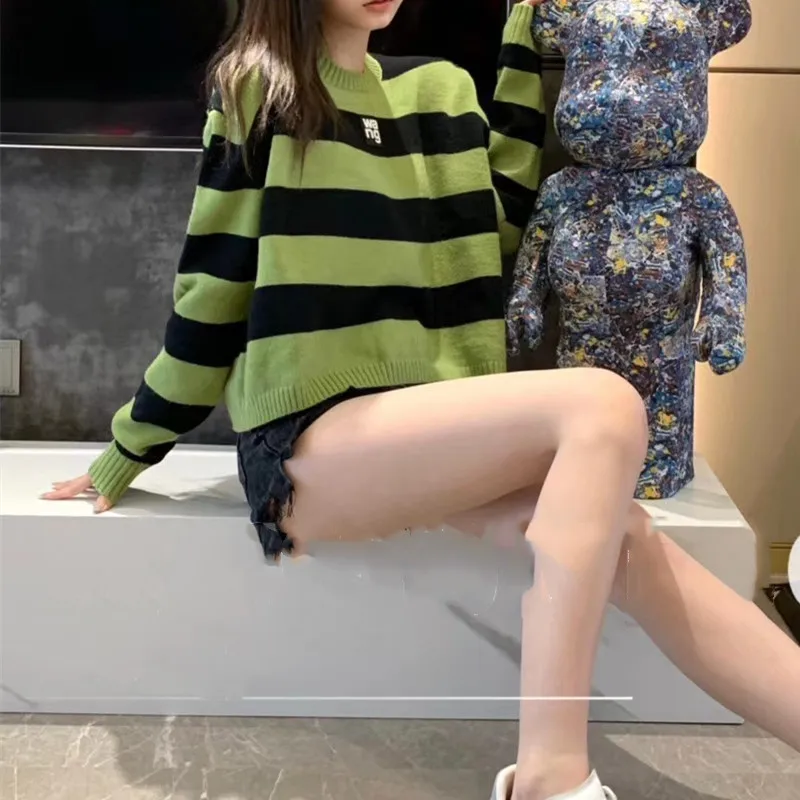 Suéter feminino de malha listrada Or, roupa interna Street Sle redondo Ne Long Sve Slim Fit Estampado Outro material 00% outono F...