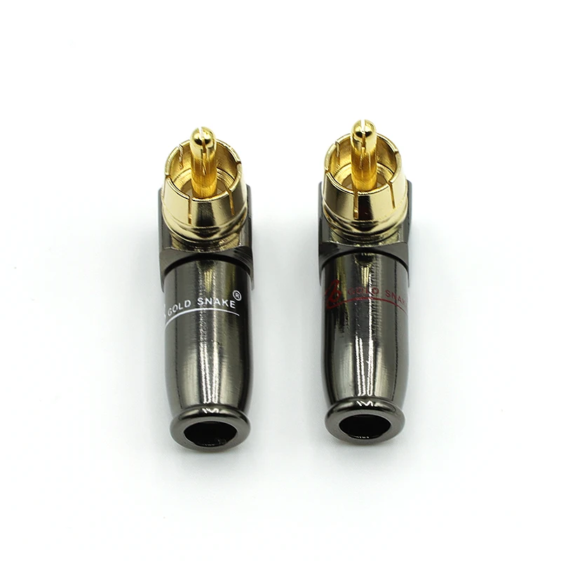 2pcs 90 Degree Snake King RCA L-shaped Gun Black Gold Plated Right Angle RCA Male Plug Audio Video Bend Connector Soldering