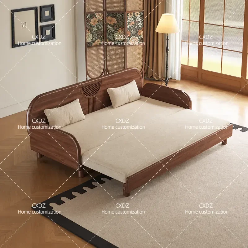 New Chinese Style Solid Wood Sofa Bed 2026 Dual Purpose Black Walnut Foldable Living Room Balcony Convertible Couch Bed