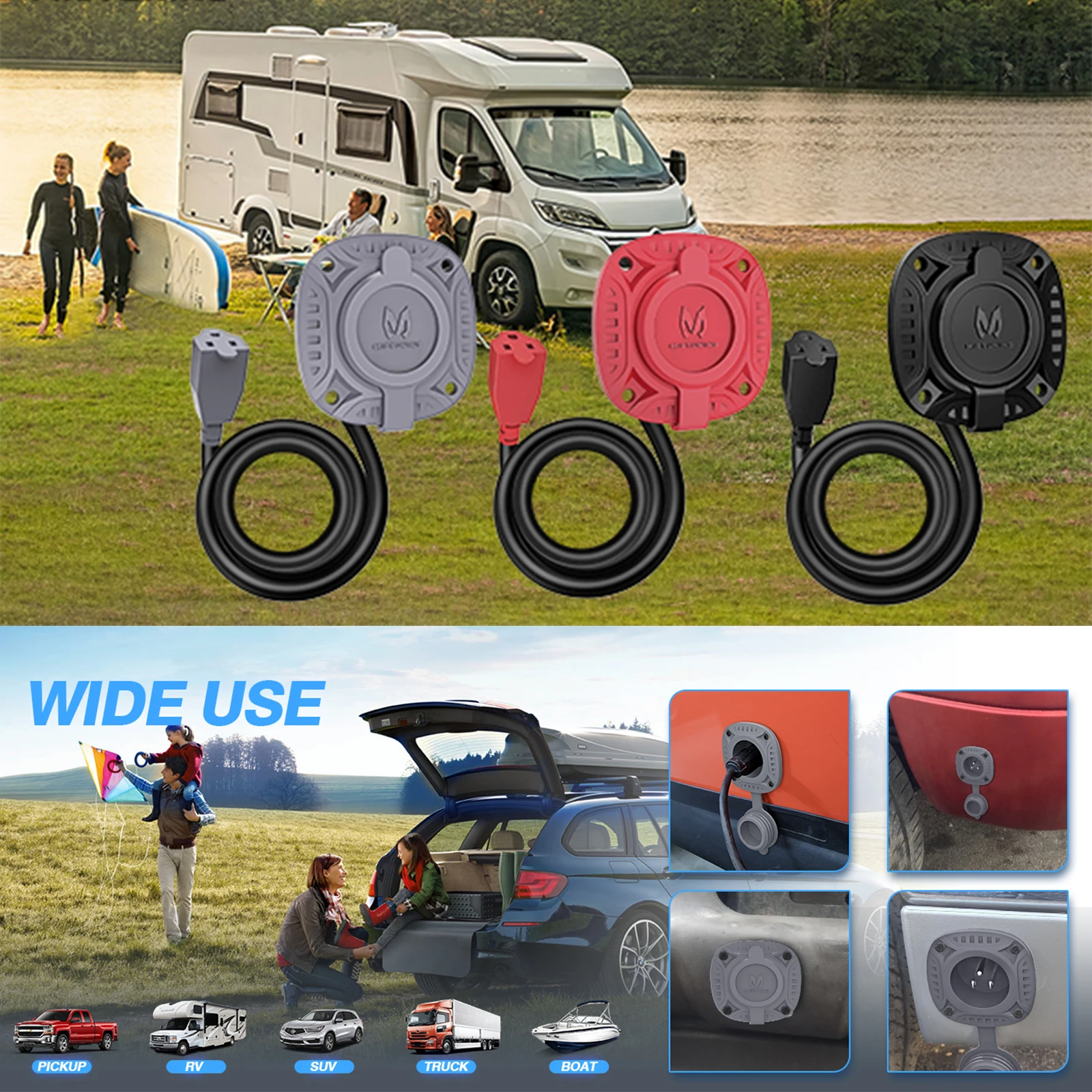 

MICTUNING 125V AC Auto Car Caravan power socket Power Plug Socket with 20" Integrated Heavy Duty Extension Cord Water-Resistant