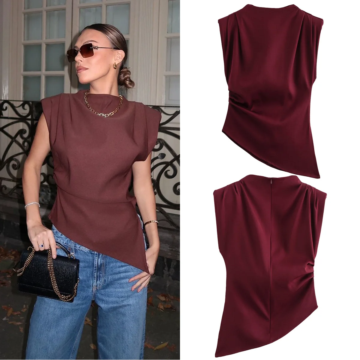 PB&ZA Women's 2024 Autumn/Winter New Top Half High Collar Folded Shoulder Pads Sleeveless Solid Color Commuter Style T-shirt