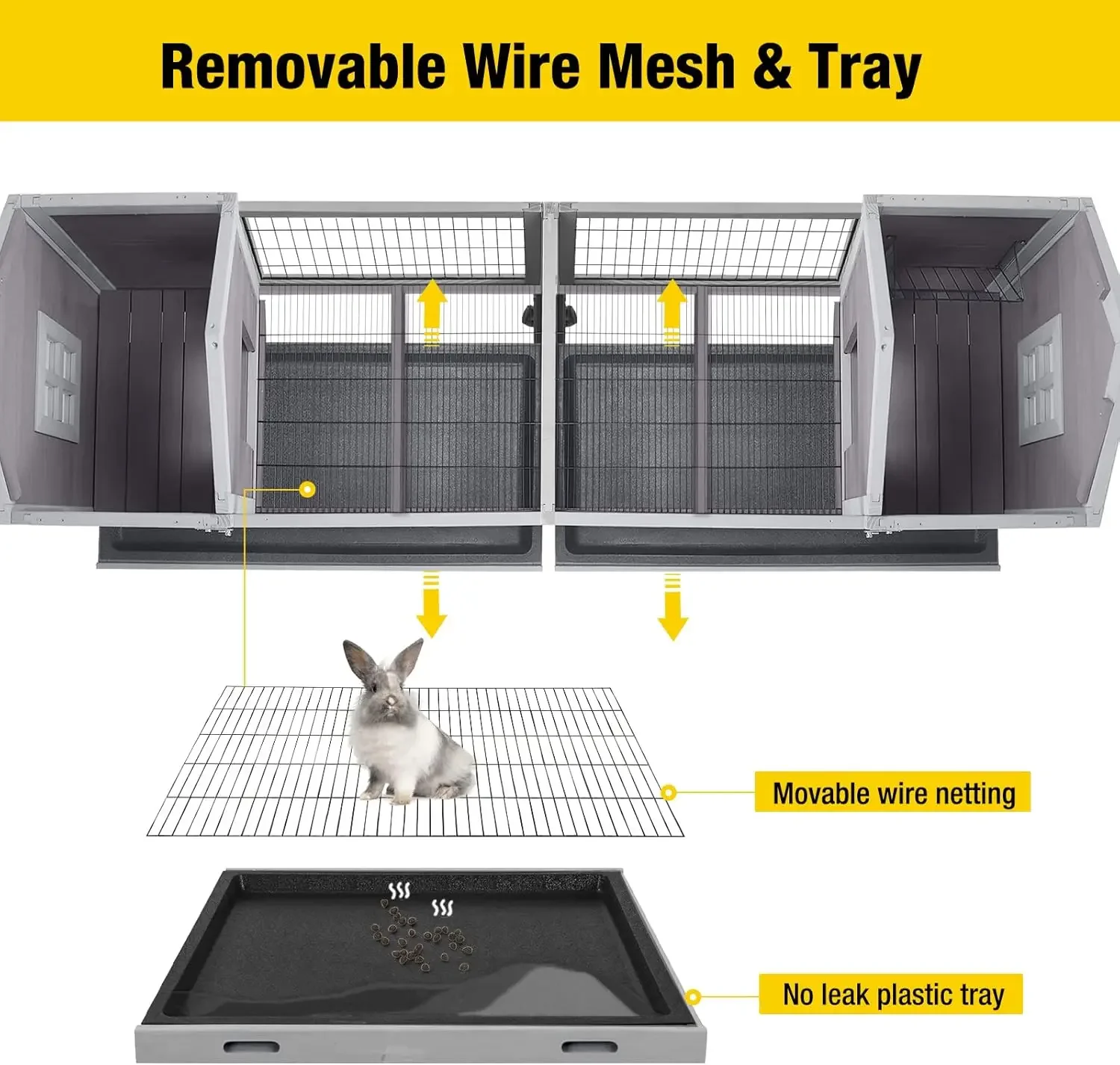 Rabbit Hutch Bunny Cage with Double House and Run Indoor Outdoor Guinea Pig House with Deeper No Leak Trays and Wheels