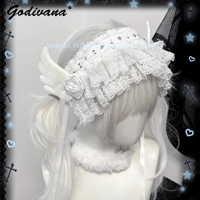 

Original Gothic White Lace Headband Lolita Rose Flower Wing Rivets Lace Edge Hairband Subculture Sweet Hair Accessories Headwear
