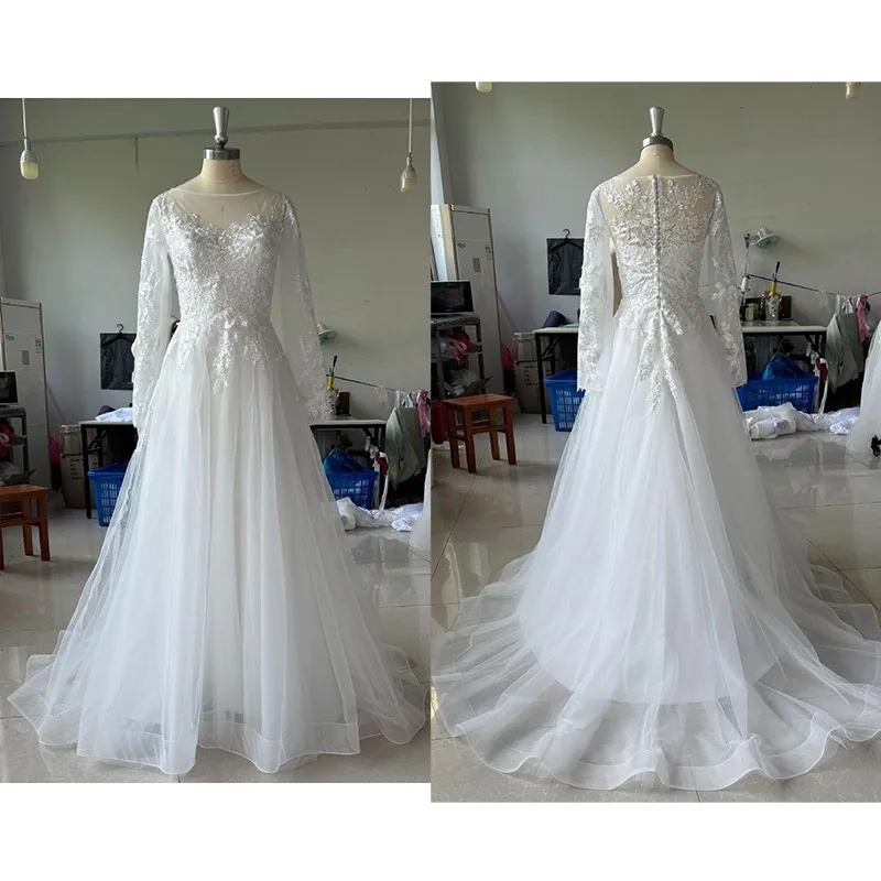 

Simple Elegant Long Sleeve Wedding Dress Lace Applique Ball Gown Princess bride Dress Sweep Train Vestidos De Novias Customized