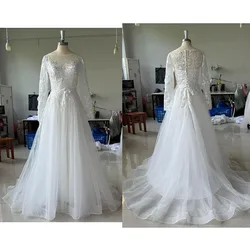 Simple Elegant Long Sleeve Wedding Dress Lace Applique Ball Gown Princess bride Dress Sweep Train Vestidos De Novias Customized