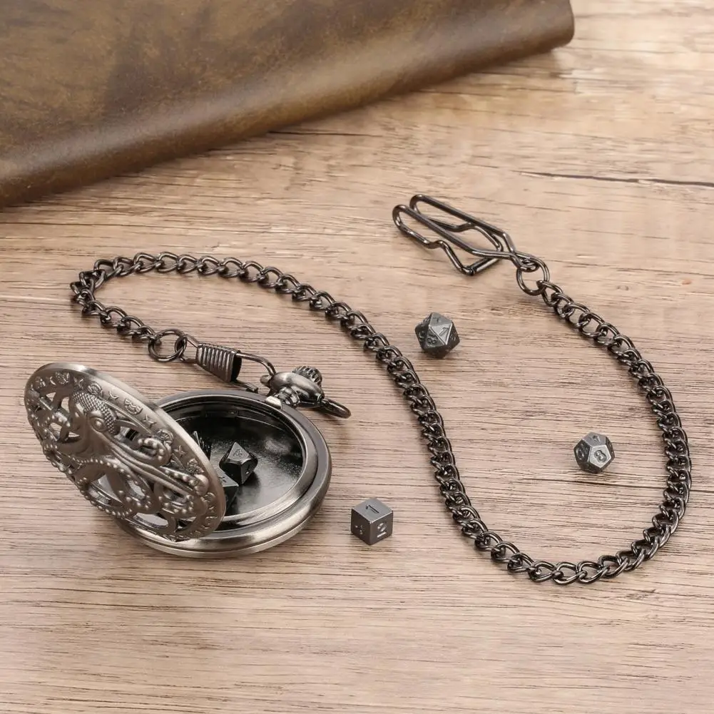 Juego de dados de reloj de bolsillo Vintage, juego de dados de Metal poliédrico con cadena Steampunk Gear Octopus, juego de dados para juegos de rol