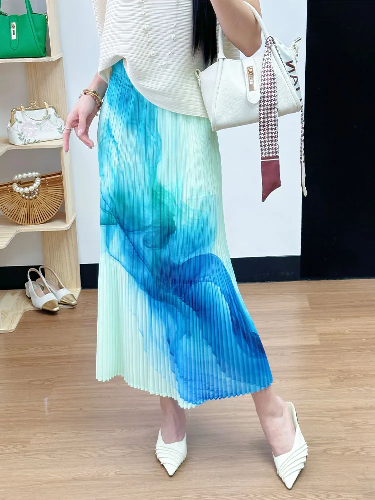 

Женская летняя повседневная юбка миди А-силуэта с высокой талией из смесового полиэстера, окрашенная градиентная плиссированная юбка с широкими штанинами, прикрывающая бедра