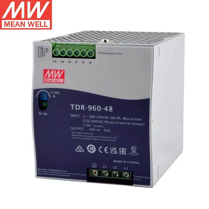 

TDR-960-48 48V 20A 960W For Mean Well Slim Three Phase Industrial DIN Rail with PFC Function Single Output Power Supply