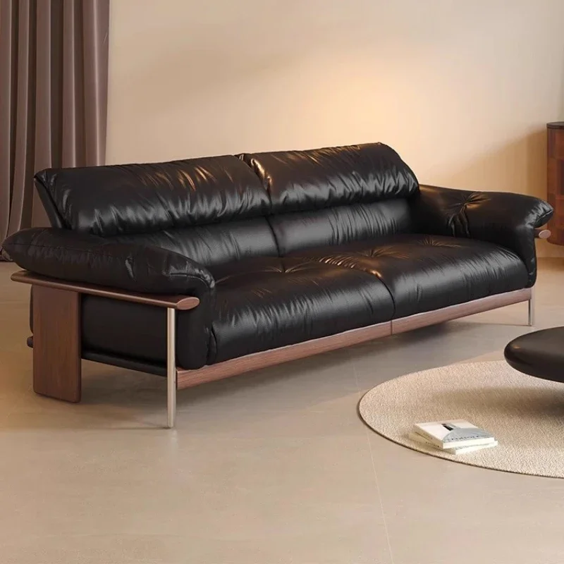 

Walnut solid wood first layer cowhide living room home antique straight row leather sofa