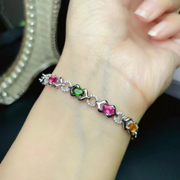 

Fashion Silver Gemstone Bracelet for Daily Wear 4mm * 6mm Natural Tourmaline Bracelet Sterling Silver Tourmaline Jewelry Gift