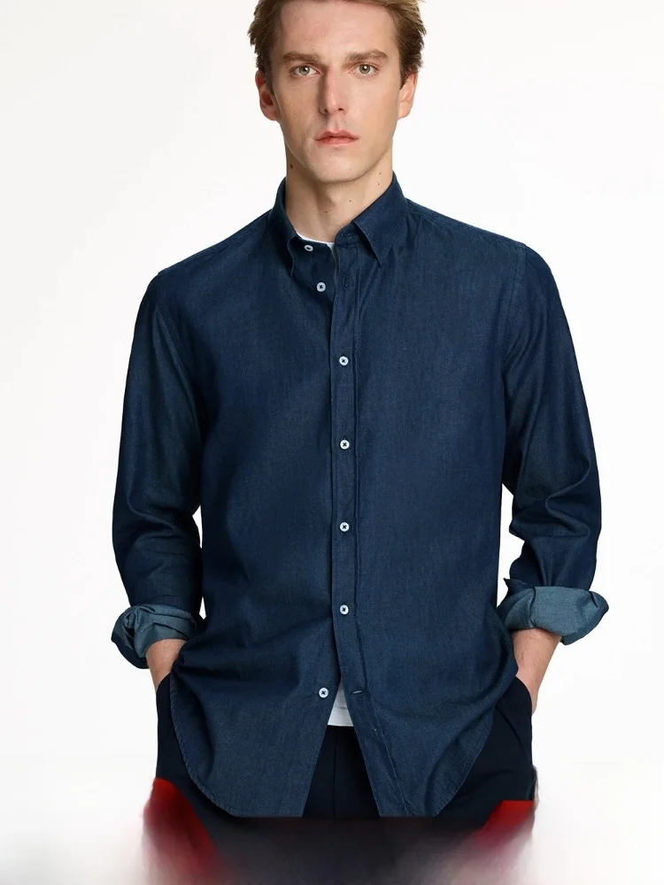 

Washed Cotton Denim Long Sleeve Men's Shirt Breathable Vintage Elegant Commute Shirt Standard Fit Casual Style Pure Color